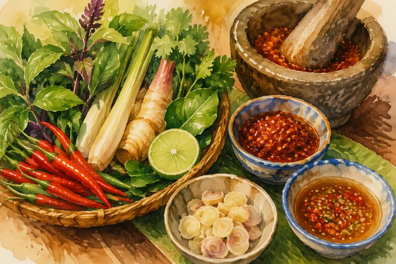 Tuoreita thaimaalaisia yrttejä ja mausteita valmistuspöydällä Tuoreita thaimaalaisia yrttejä ja mausteita valmistuspöydällä