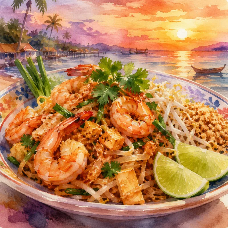 Perinteinen thaimaalainen nuudeliannos tuoreilla yrteillä Perinteinen thaimaalainen nuudeliannos tuoreilla yrteillä