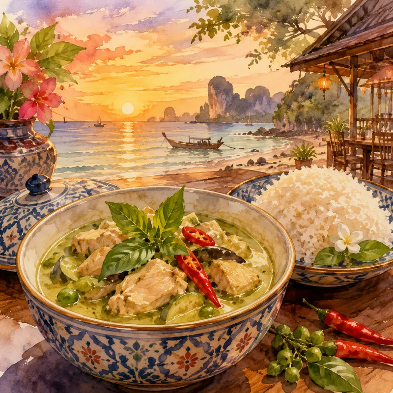 Thaimaalainen vihreä curry ja jasmiiniriisiä Thaimaalainen vihreä curry ja jasmiiniriisiä