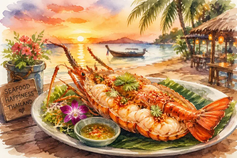 Thaimaalaisia mereneläviä tarjoiltuna trooppisella rannalla Thaimaalaisia mereneläviä tarjoiltuna trooppisella rannalla