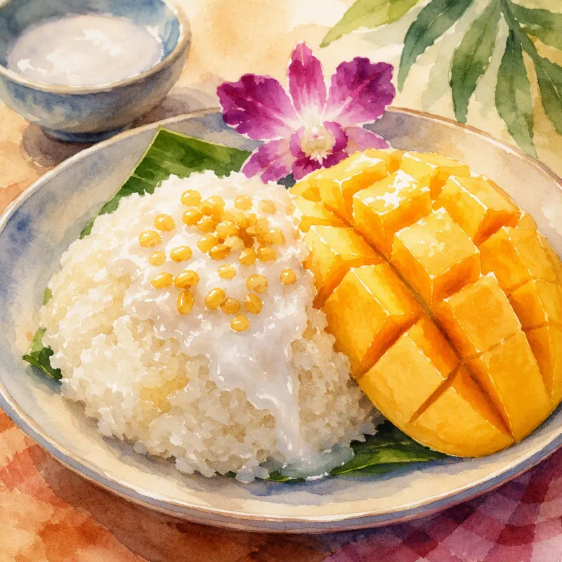Makea mango sticky rice jälkiruoka lautasella Makea mango sticky rice jälkiruoka lautasella
