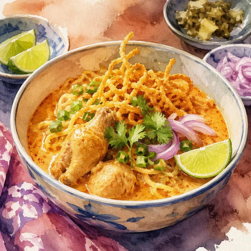Khao Soi -nuudelikeitto rapeilla lisukkeilla Khao Soi -nuudelikeitto rapeilla lisukkeilla