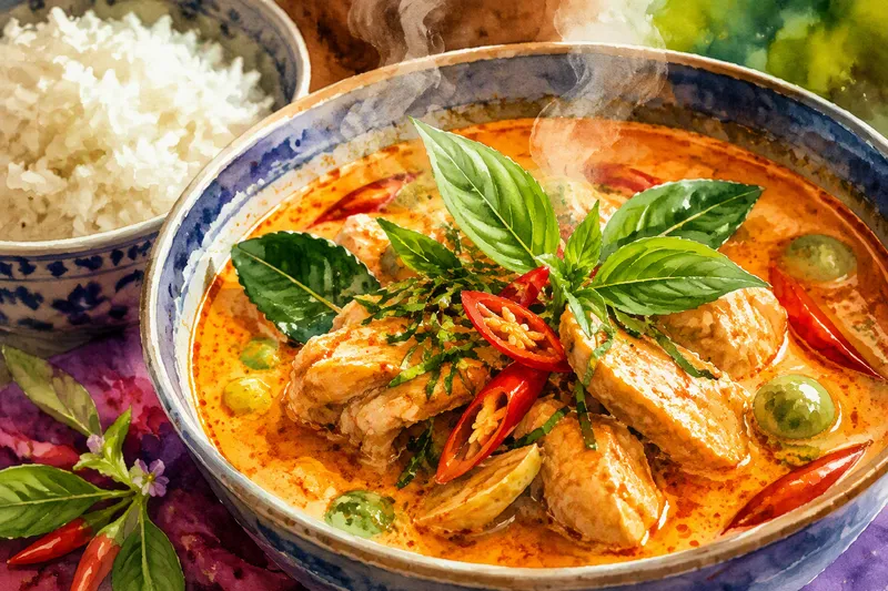 Höyryävä thaimaalainen curryannos jasmiiniriisillä Höyryävä thaimaalainen curryannos jasmiiniriisillä