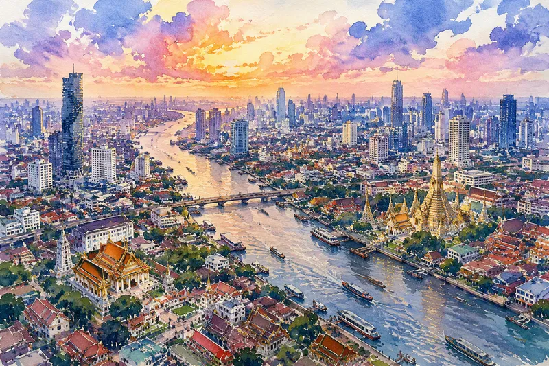 Bangkokin kaupunkimaisema ja joki