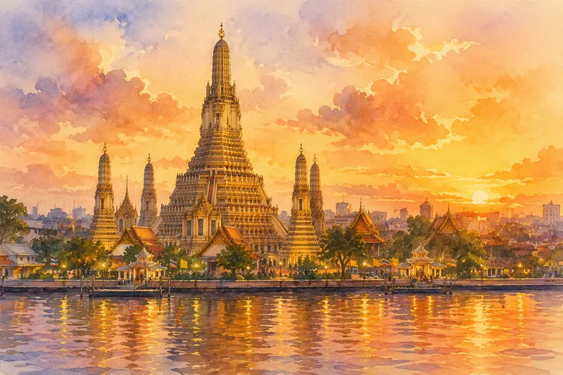 Wat Arunin temppeli Chao Phraya -joella auringonlaskun aikaan Wat Arunin temppeli Chao Phraya -joella auringonlaskun aikaan