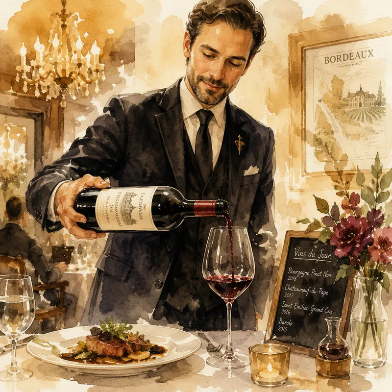 Sommelier kaatamassa punaviiniä tyylikkäässä ravintolassa Sommelier kaatamassa punaviiniä tyylikkäässä ravintolassa