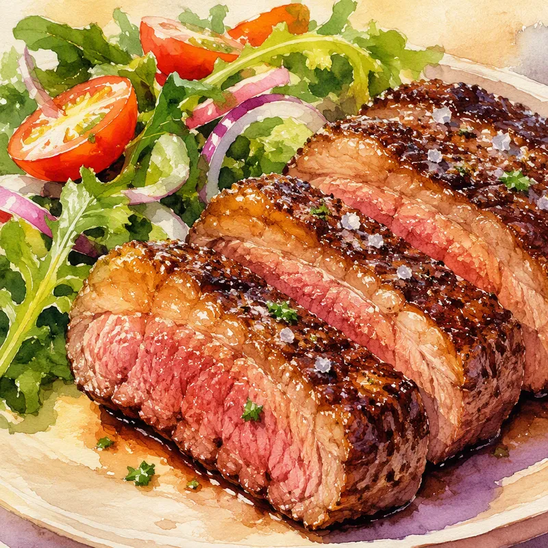 Grillattu picanha-pihvi ja tuore salaatti lautasella Grillattu picanha-pihvi ja tuore salaatti lautasella