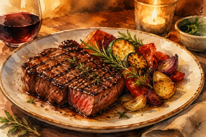 Mehevä grillattu pihvi lautasella Mehevä grillattu pihvi lautasella