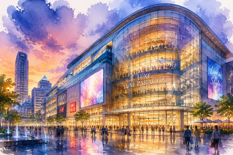 CentralWorldin näyttävä julkisivu iltavalaistuksessa CentralWorldin näyttävä julkisivu iltavalaistuksessa