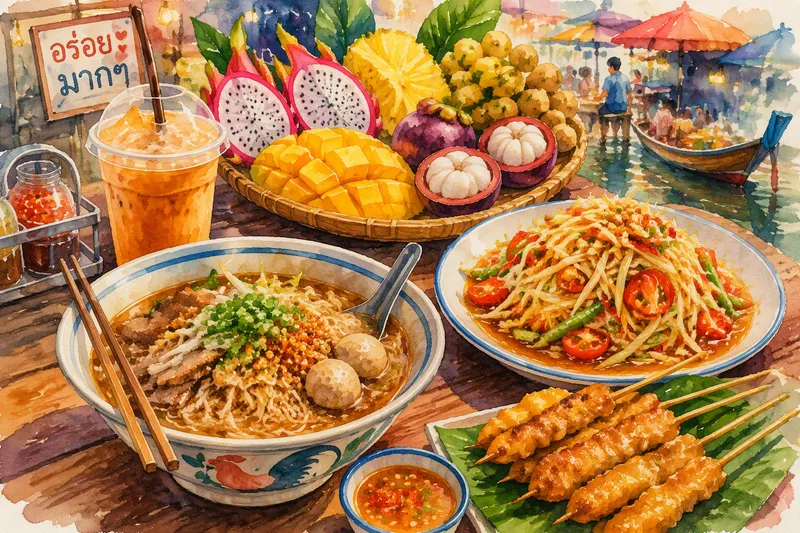 Thaimaalaista katuruokaa tarjolla puisella pöydällä Thaimaalaista katuruokaa tarjolla puisella pöydällä