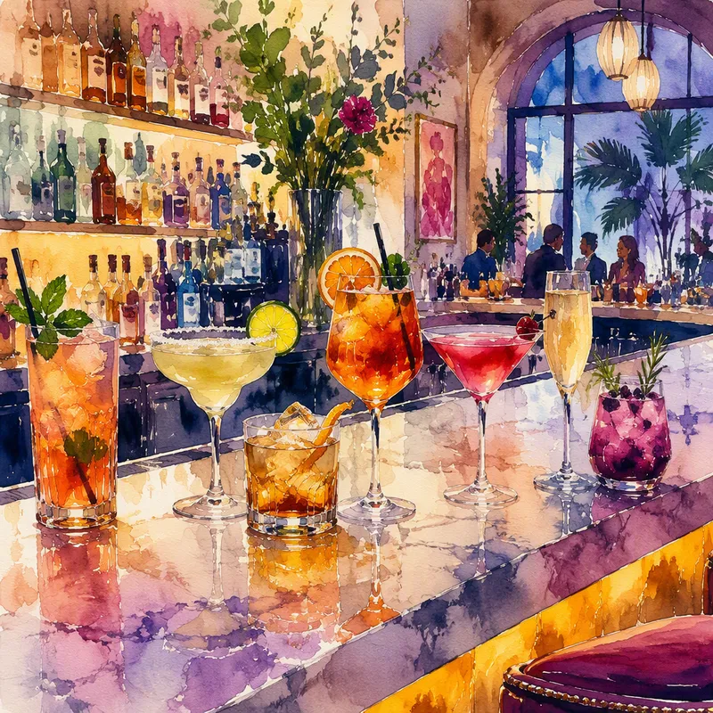 Cocktail-laseja ja juomia valaistulla baaritiski Cocktail-laseja ja juomia valaistulla baaritiski