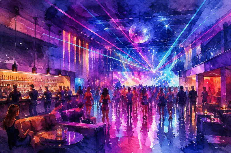 Moderni yökerhon sisätila neonvaloilla Moderni yökerhon sisätila neonvaloilla