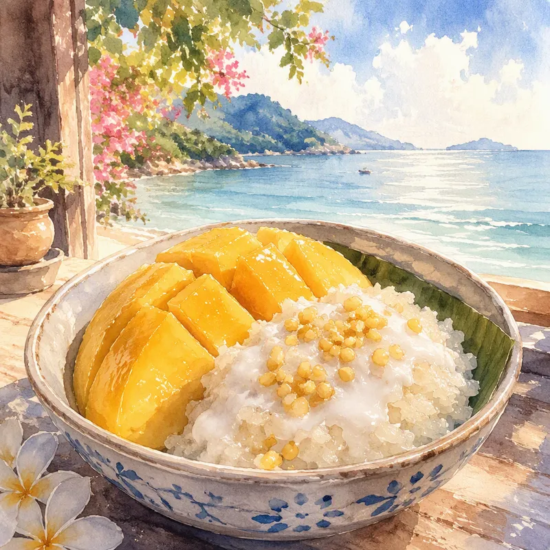 Perinteinen mango-riisijälkiruoka lautasella Perinteinen mango-riisijälkiruoka lautasella