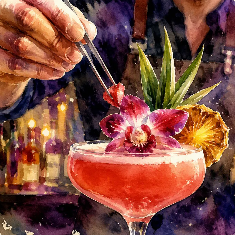 Ammattilaisen valmistama cocktail eksoottisilla koristeilla
