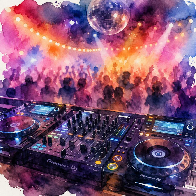 DJ-mikseri ja hämärä tanssilattia taustalla