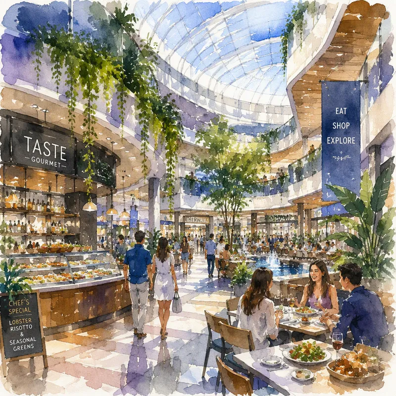 Tyylikäs ravintola-alue ostoskeskuksessa vehreiden kasvien keskellä Tyylikäs ravintola-alue ostoskeskuksessa vehreiden kasvien keskellä