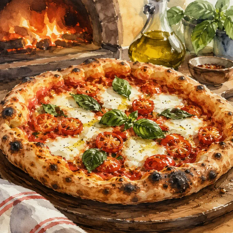 Tuore uunipizza mehevillä täytteillä rustiikkisella pöydällä Tuore uunipizza mehevillä täytteillä rustiikkisella pöydällä
