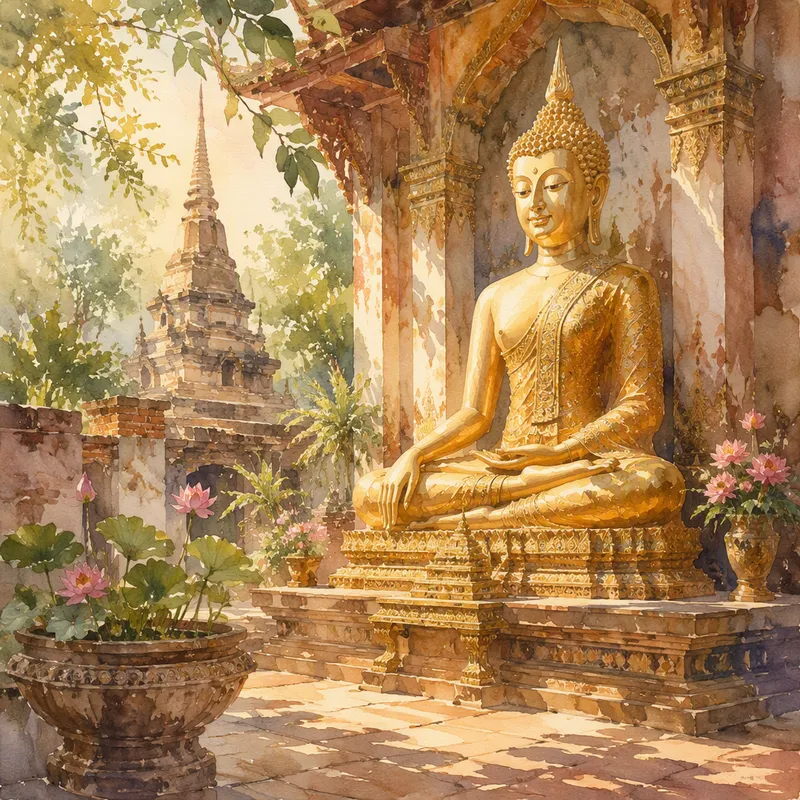Kultainen Buddha-patsas rauhallisessa temppelimiljöössä Kultainen Buddha-patsas rauhallisessa temppelimiljöössä