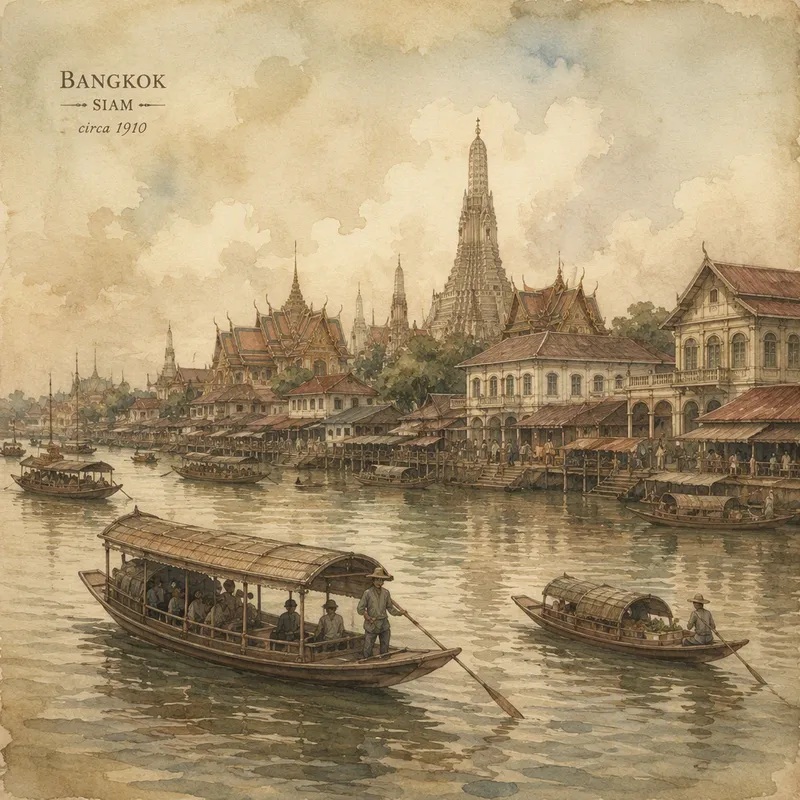 Bangkokin historiallisia rakennuksia ja jokiveneitä