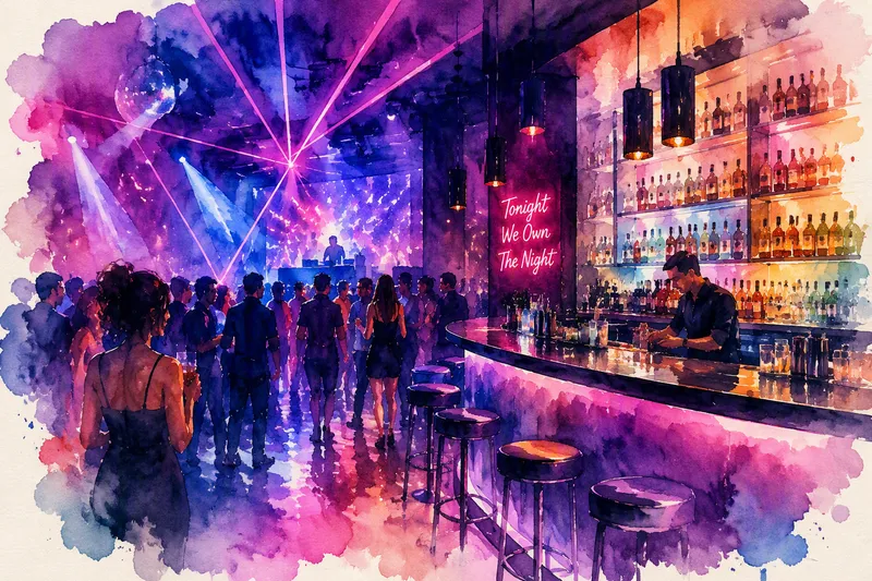 Moderni yökerho neonvaloilla ja tyylikkäällä baarilla Moderni yökerho neonvaloilla ja tyylikkäällä baarilla