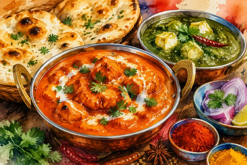 Värikkäitä intialaisia curryannoksia ja tuoretta naan-leipää Värikkäitä intialaisia curryannoksia ja tuoretta naan-leipää