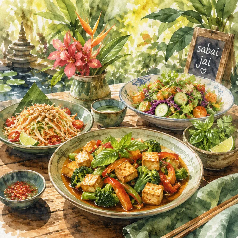 Kasvisruoka-annoksia ja tofua thaimaalaisessa ravintolassa Kasvisruoka-annoksia ja tofua thaimaalaisessa ravintolassa