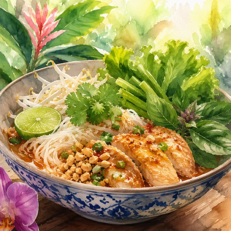 Perinteinen thaimaalainen nuudeliannos tuoreilla raaka-aineilla Perinteinen thaimaalainen nuudeliannos tuoreilla raaka-aineilla