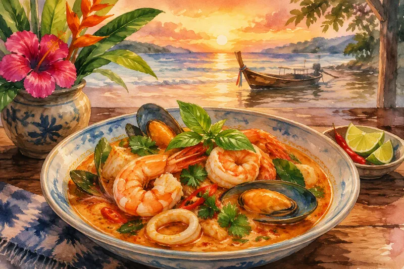 Thaimaalainen äyriäiscurry rantaravintolan pöydässä