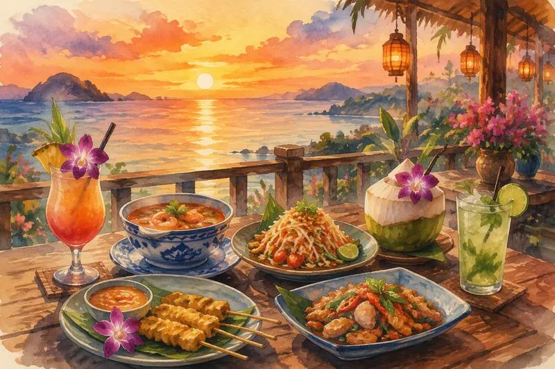 Thaimaalaisia ruoka-annoksia ja cocktaileja meren rannalla auringonlaskussa