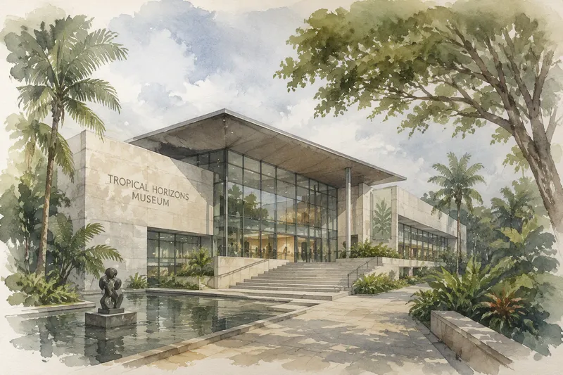 Moderni museorakennus ja trooppista kasvillisuutta Moderni museorakennus ja trooppista kasvillisuutta