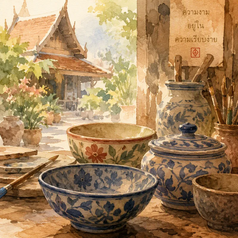 Perinteistä thaimaalaista keramiikkaa pöydällä Perinteistä thaimaalaista keramiikkaa pöydällä