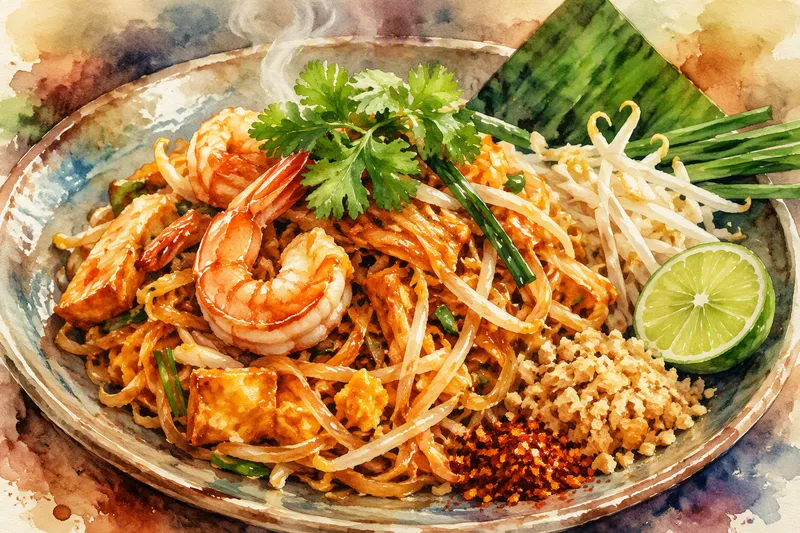 Perinteinen thaimaalainen nuudeliannos tarjoiltuna Perinteinen thaimaalainen nuudeliannos tarjoiltuna