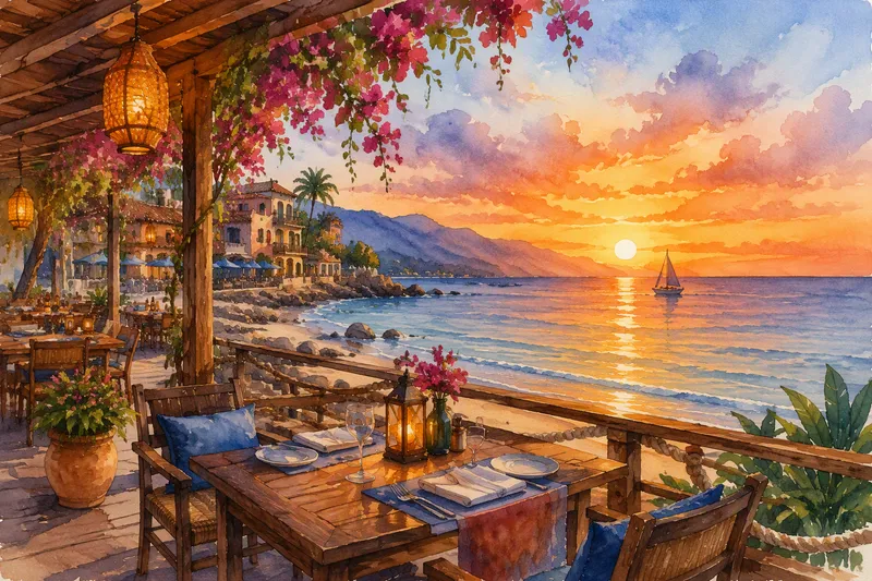 Ravintola meren rannalla auringonlaskun aikaan Ravintola meren rannalla auringonlaskun aikaan