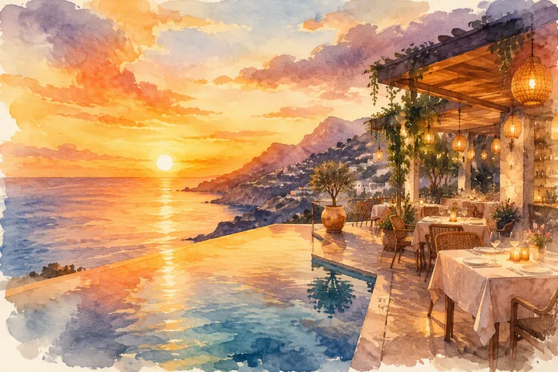 Ravintola Hua Hinin rannalla auringonlaskun aikaan Ravintola Hua Hinin rannalla auringonlaskun aikaan