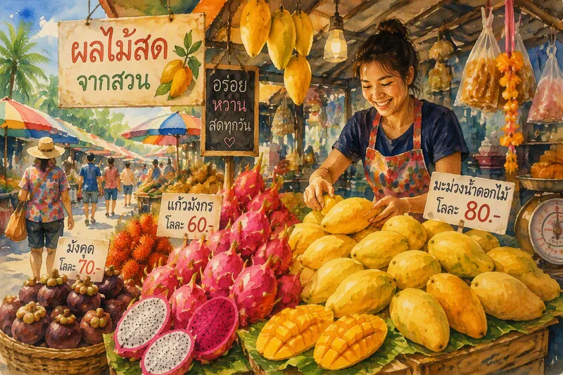 Värikkäitä trooppisia hedelmiä thaimaalaisella torilla