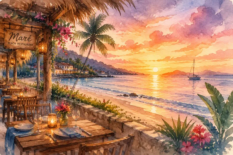 Rantaravintola auringonlaskun aikaan meren rannalla Rantaravintola auringonlaskun aikaan meren rannalla