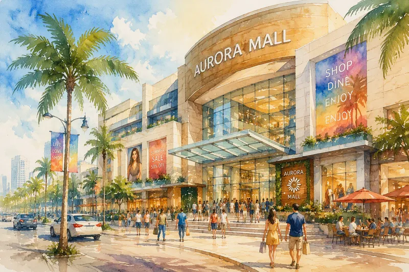 Mike Shopping Mallin julkisivu aurinkoisella kadulla Mike Shopping Mallin julkisivu aurinkoisella kadulla