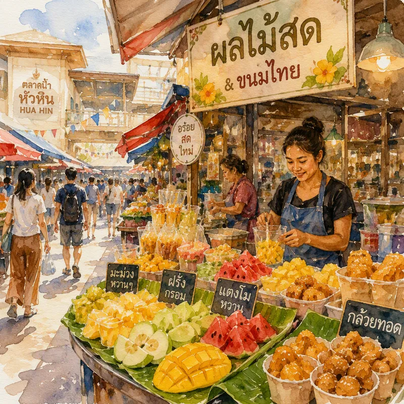Tuoreita hedelmiä ja thaimaalaista katuruokaa Tuoreita hedelmiä ja thaimaalaista katuruokaa
