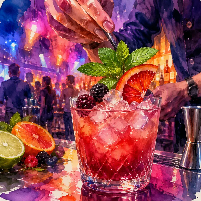 Cocktailin valmistus jäillä ja hedelmillä koristeltuna