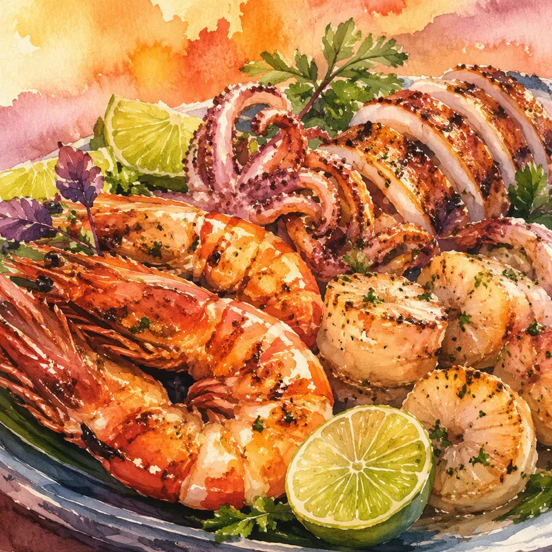 Tuoreita grillattuja mereneläviä annoksena Tuoreita grillattuja mereneläviä annoksena
