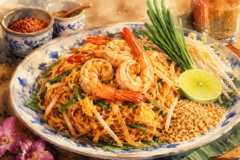 Perinteinen thaimaalainen Pad Thai -annos lautasella Perinteinen thaimaalainen Pad Thai -annos lautasella