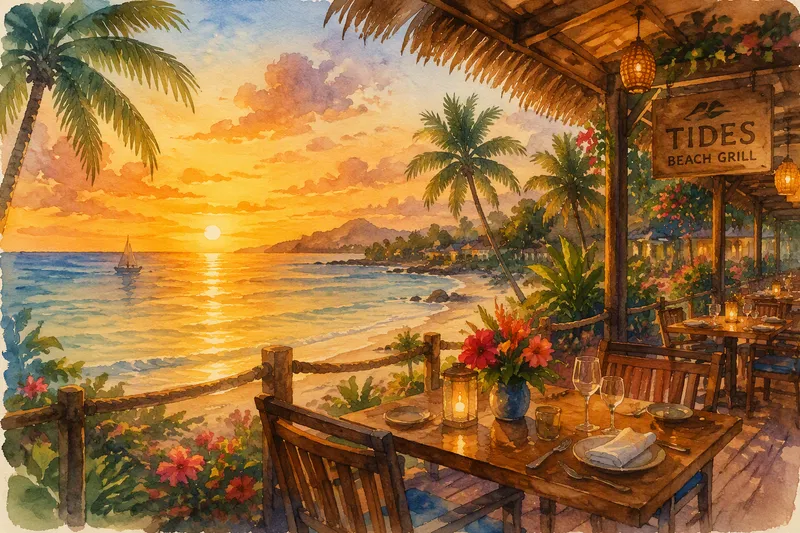 Ravintola meren rannalla auringonlaskun aikaan Ravintola meren rannalla auringonlaskun aikaan