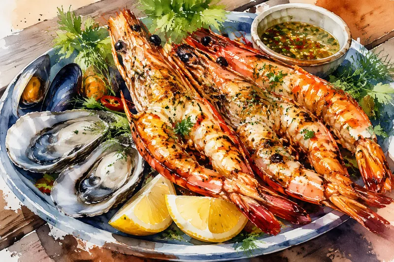 Tuoreita mereneläviä ja grillattuja jättirapuja tarjoiltuna Tuoreita mereneläviä ja grillattuja jättirapuja tarjoiltuna