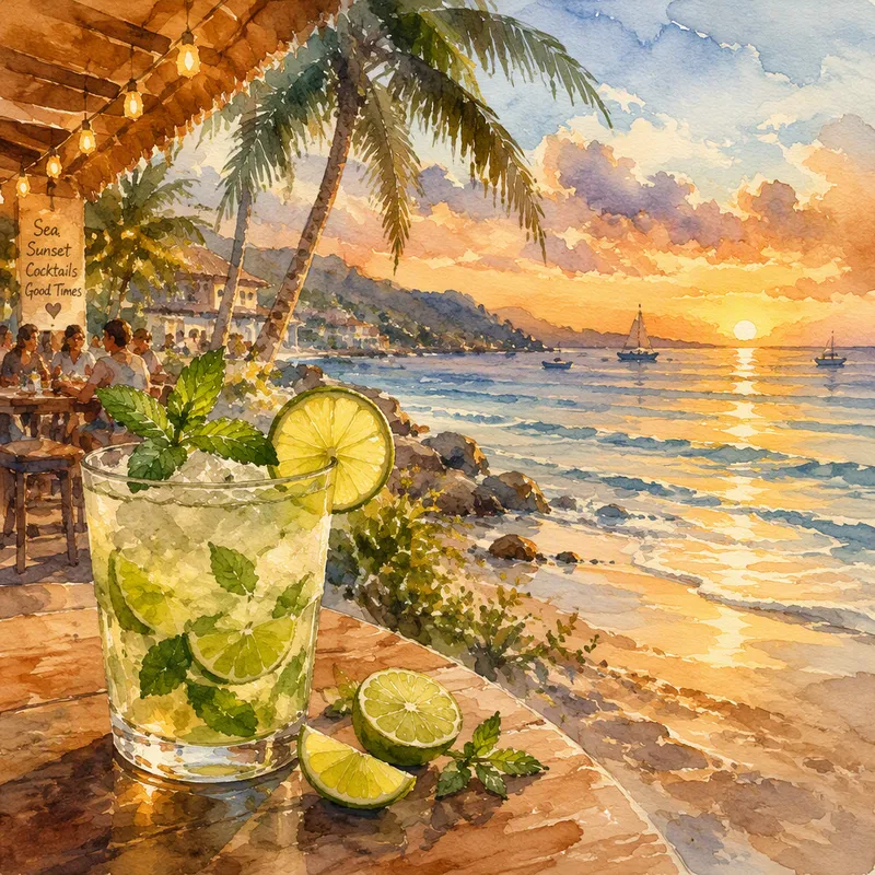 Raikas trooppinen cocktail rannalla auringonlaskun aikaan Raikas trooppinen cocktail rannalla auringonlaskun aikaan