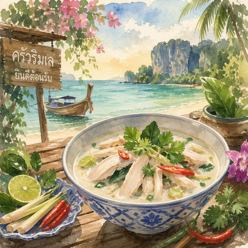 Tom kha gai -keitto tuoreilla yrteillä koristeltuna Tom kha gai -keitto tuoreilla yrteillä koristeltuna