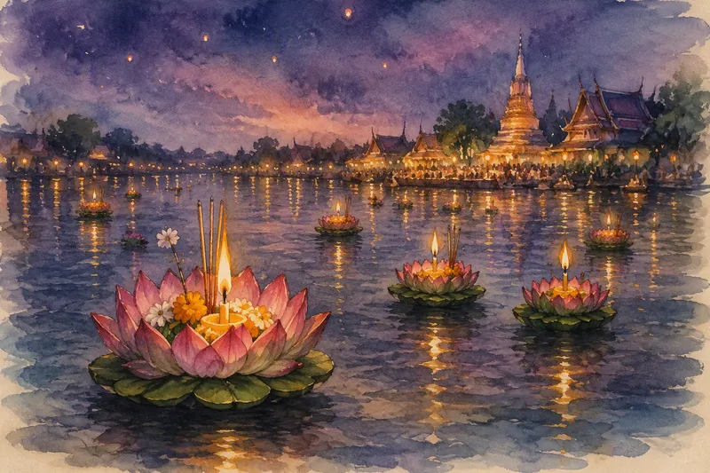 Loy Krathong -festivaalin kynttilät vedessä Loy Krathong -festivaalin kynttilät vedessä