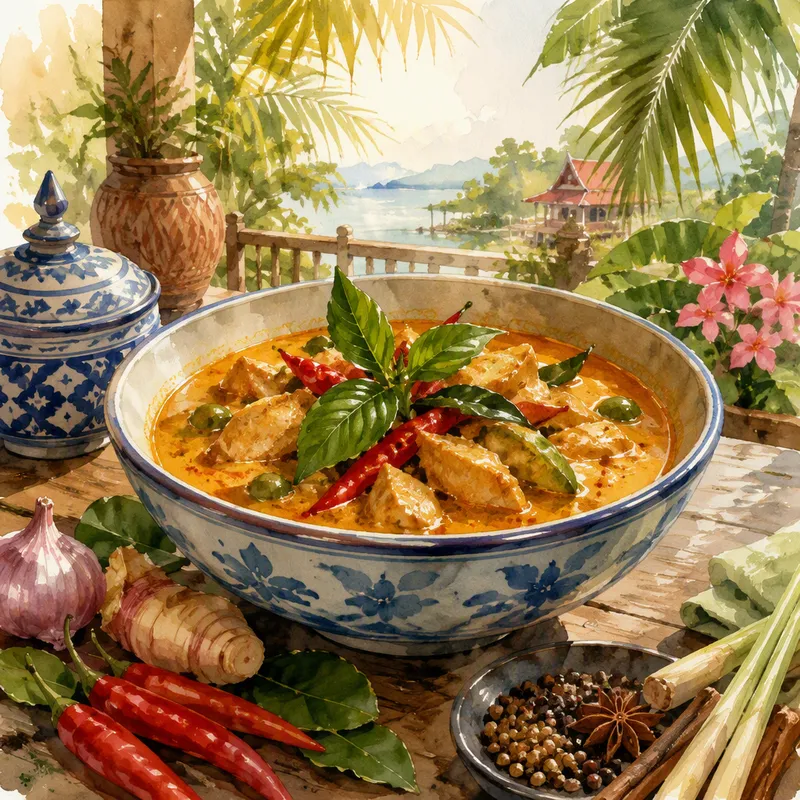 Tulinen thai-curryannos tarjoiltuna kulhossa