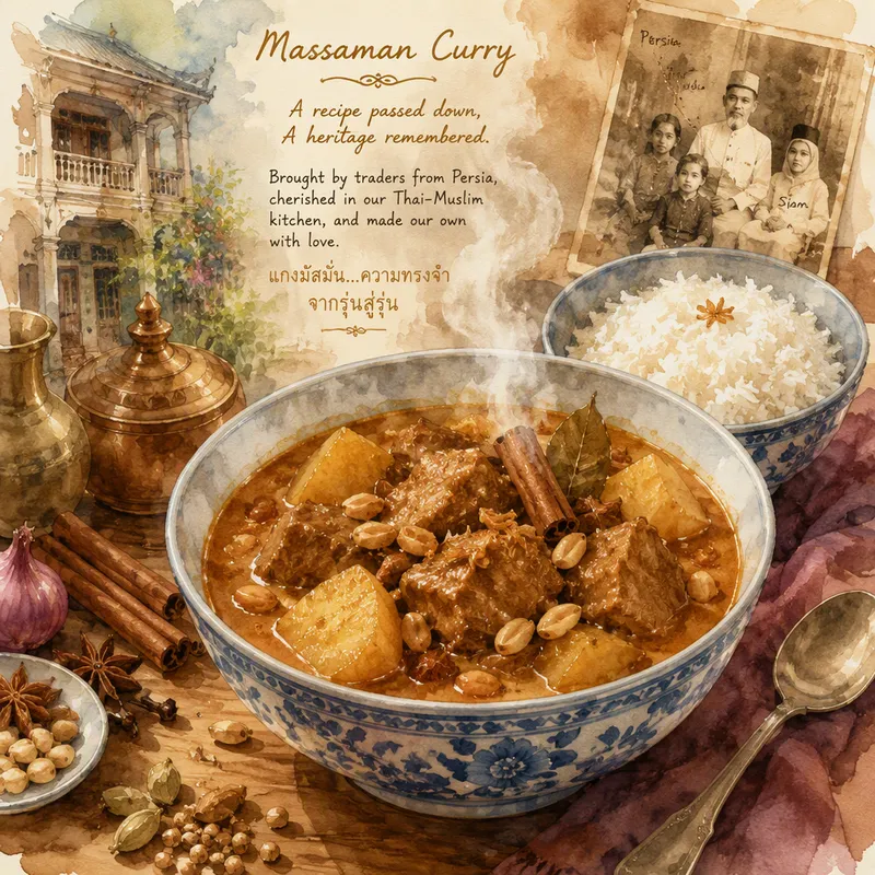 Höyryävä Massaman curry ja riisiä kulhossa