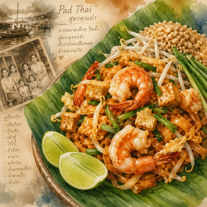 Perinteinen Pad Thai annos tarjoiltuna banaaninlehdeltä