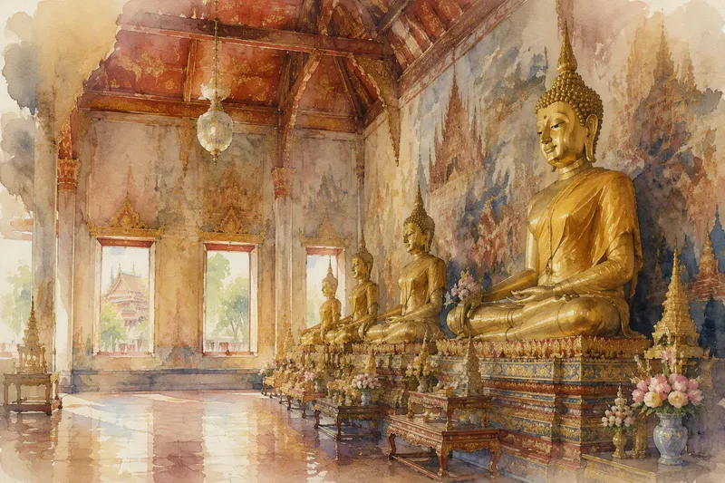 Kultaisia buddhan patsaita temppelialueen museossa
